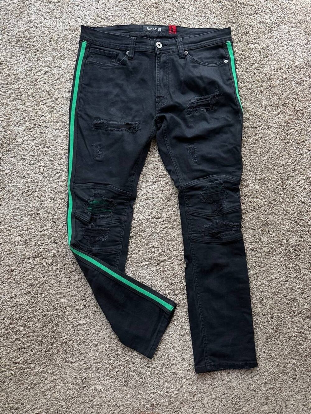 MAKOBI Men's Black Stripe Jeans Ripped w36 L32